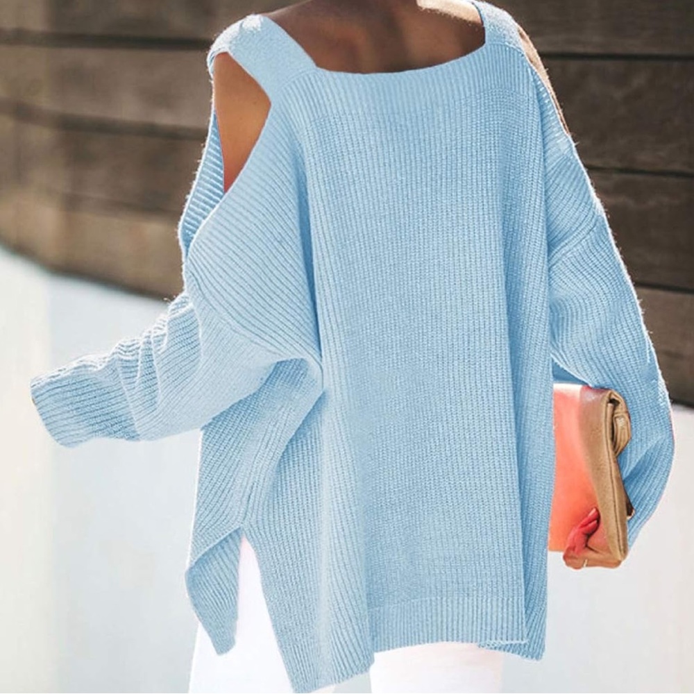 Women's Cold Shoulder Oversized Knit Sweater - Picture 2 of 2